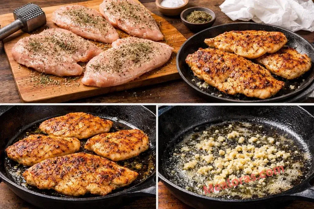 chicken breasts searing in a hot skillet with melted butter and herbs