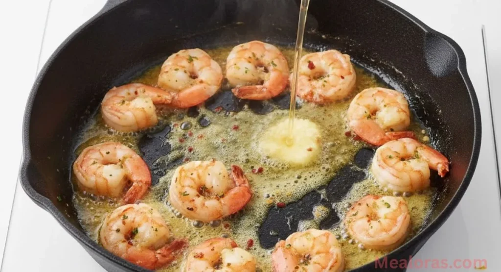 Large pink shrimp searing in a bubbling butter and garlic sauce in a stainless steel skillet