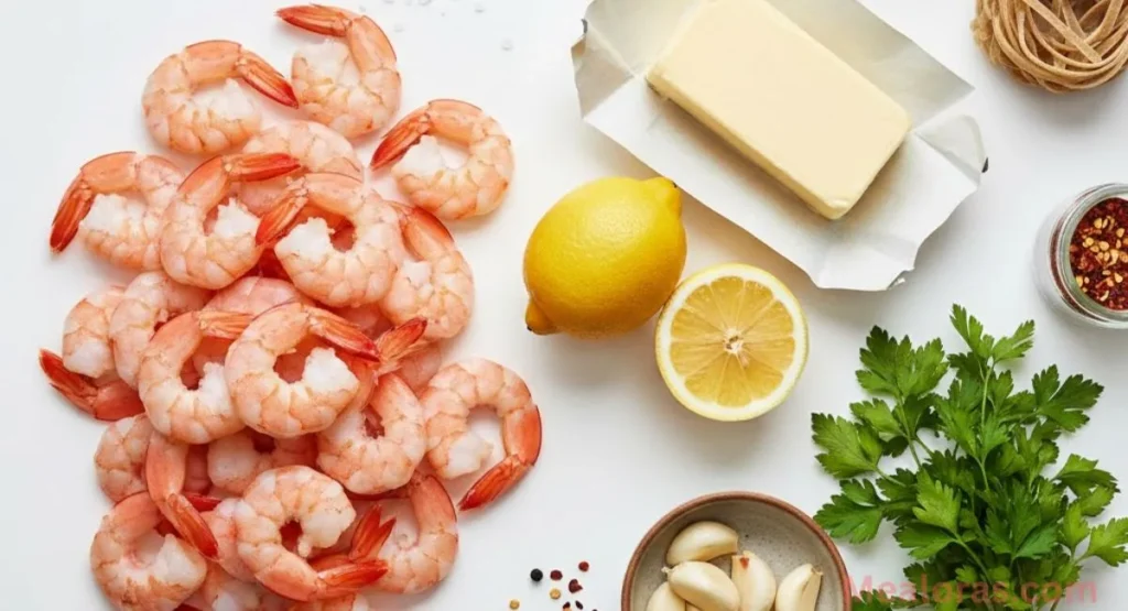 raw shrimp, cloves of garlic, a block of butter, fresh lemons, parsley, and a bowl of pasta arranged on a kitchen counter