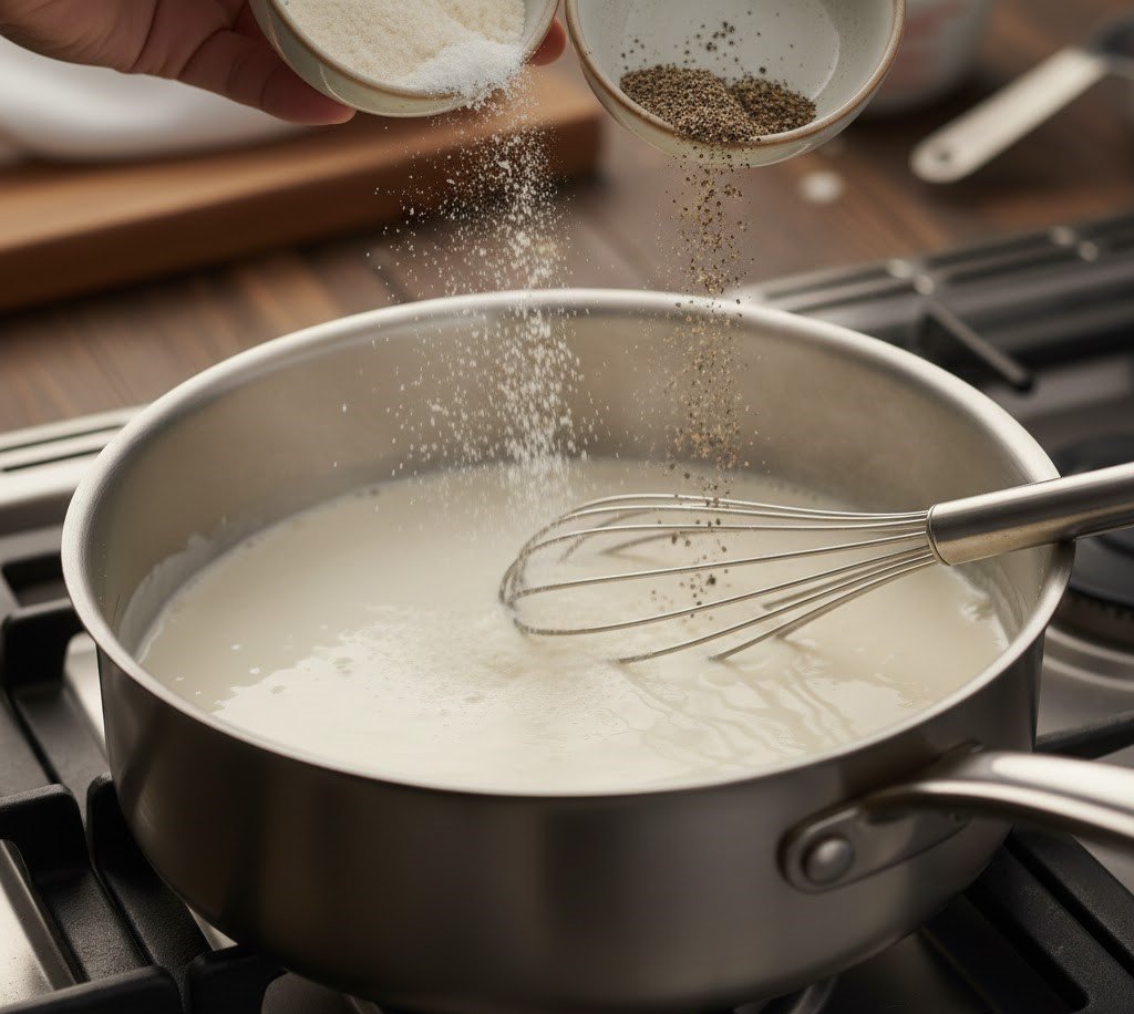 Heavy cream and butter mixture simmering gently in a pan to thicken