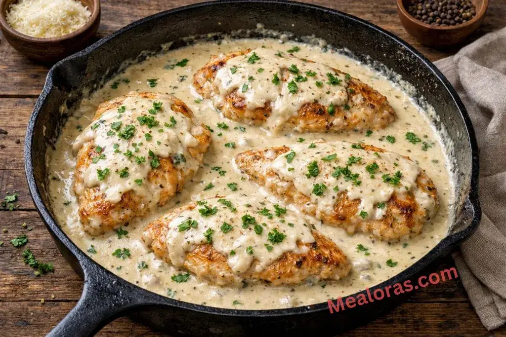 stirring a creamy garlic sauce in a skillet with seared chicken and fresh herbs