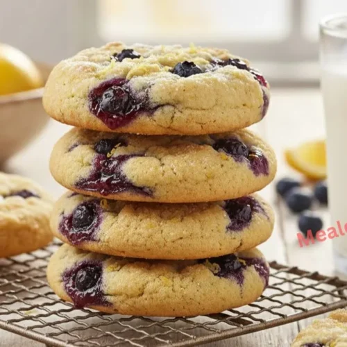 A stack of soft lemon blueberry cookies with golden streusel topping and purple blueberry jam centers on a cooling rack