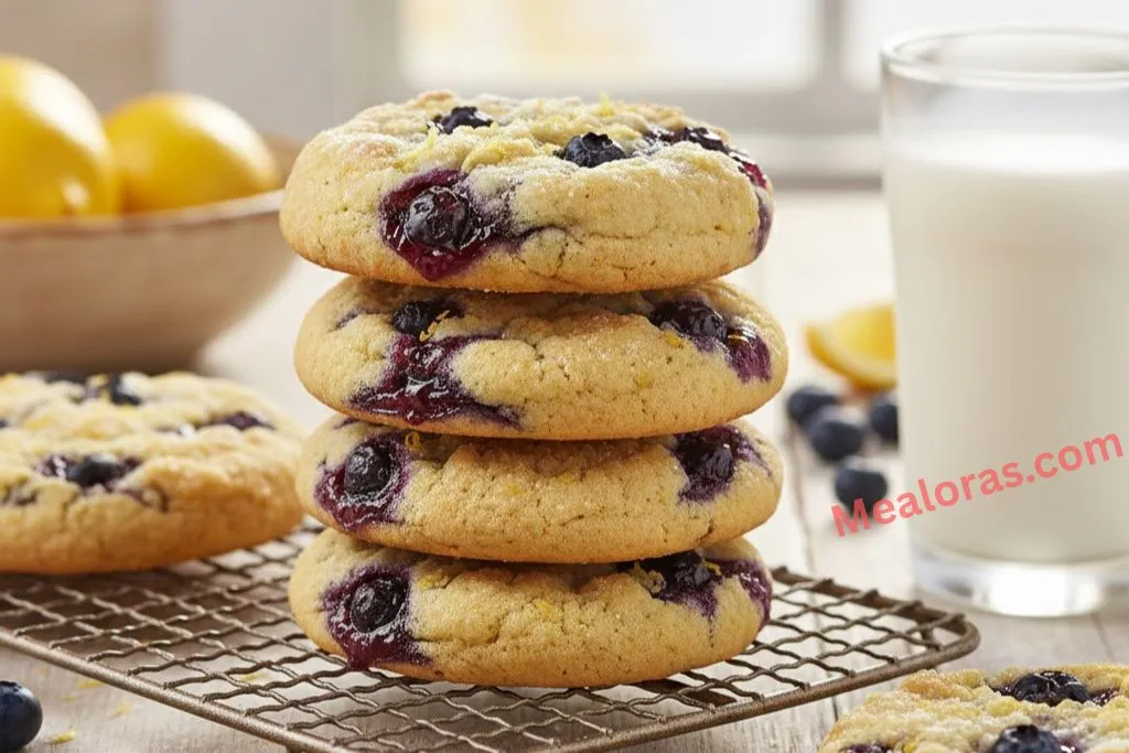 A stack of soft lemon blueberry cookies with golden streusel topping and purple blueberry jam centers on a cooling rack