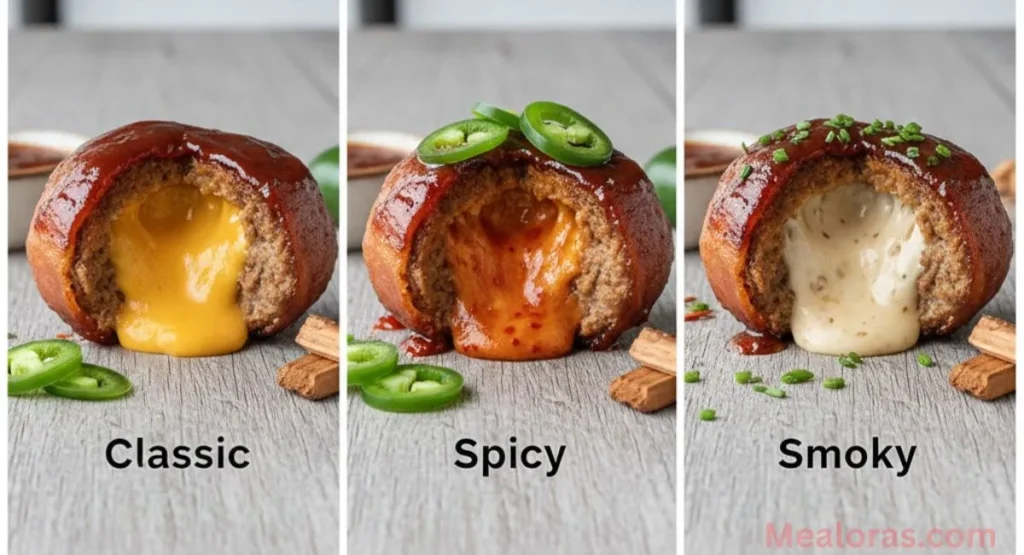 BBQ bacon bomb sliced in half to reveal melted pepper jack cheese and diced jalapeños inside