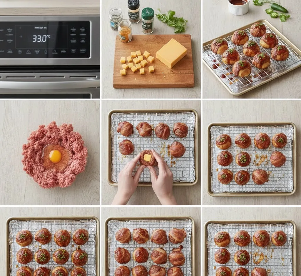 tray of freshly baked BBQ bacon bombs resting on a wire rack to let the melted cheese settle and the meat juices redistribute