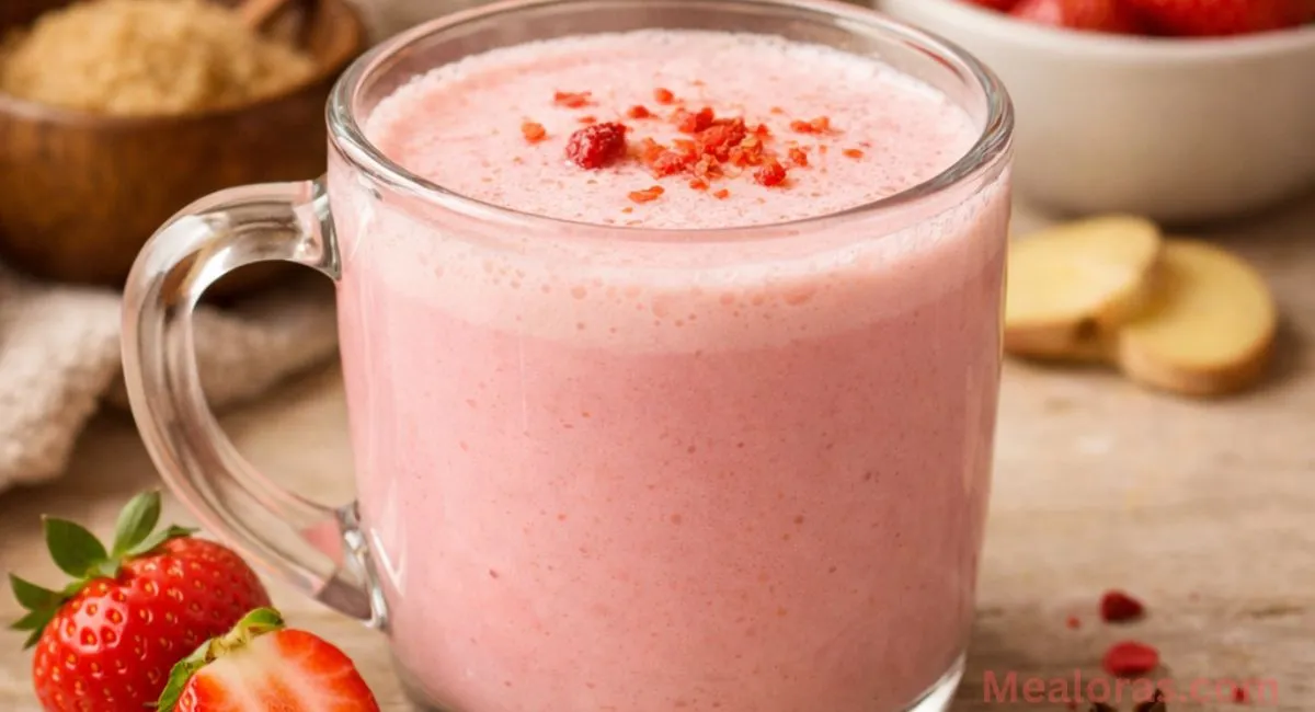 Creamy Strawberry Moon Milk in a glass mug, pink warm drink with fresh strawberries on a cozy background