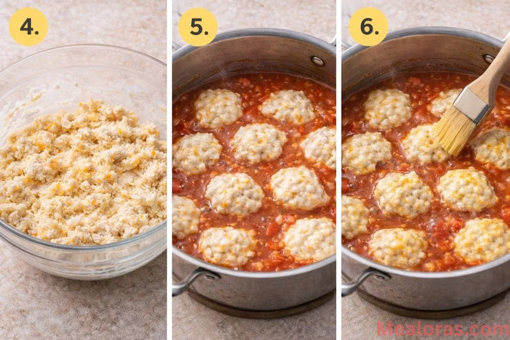 : Scoops of cheddar bay biscuit dough being dropped onto the surface of simmering tomato soup