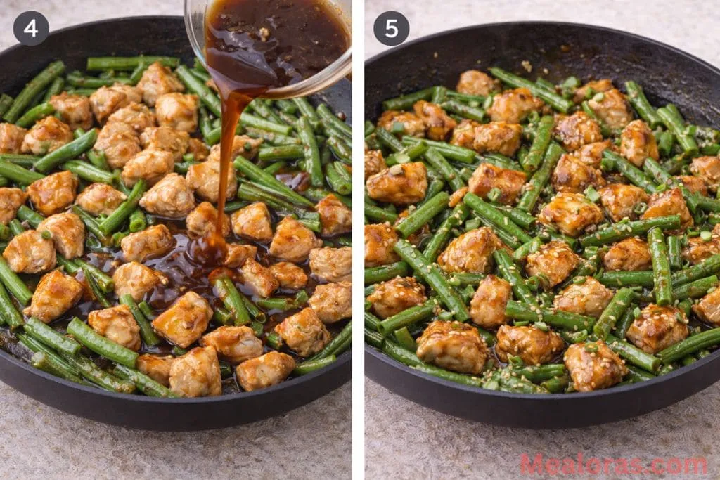 A thick brown stir fry sauce being poured from a small bowl over chicken and green beans in a wok