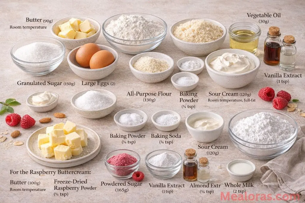 Raw ingredients for almond cake including flour, almond meal, sour cream, eggs, and fresh raspberries