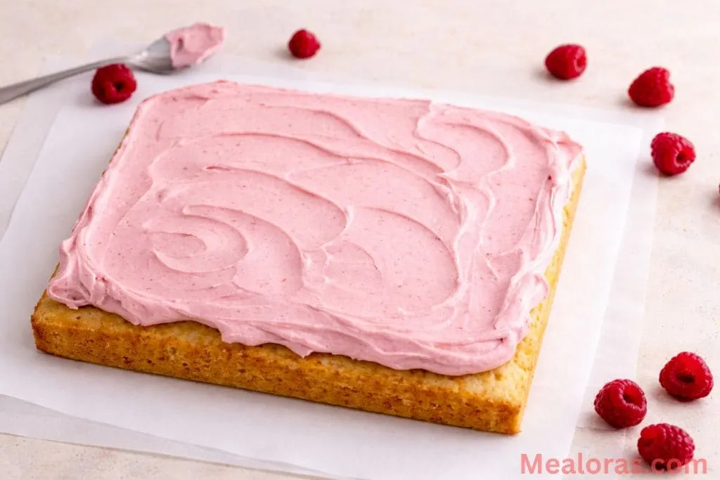 square of moist almond cake topped with pink raspberry buttercream frosting and fresh berries