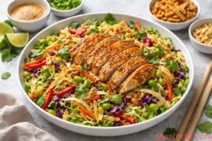 A large white bowl filled with Asian Chicken Crunch Salad featuring shredded purple cabbage, edamame, and glazed chicken
