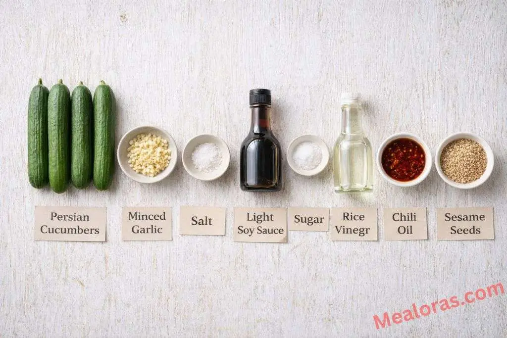 Persian cucumbers, chili oil, soy sauce, rice vinegar, and sesame seeds on a kitchen counter