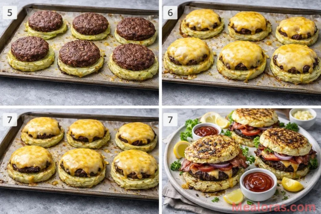 Beef patties placed on roasted cabbage slices being topped with shredded cheese in the oven