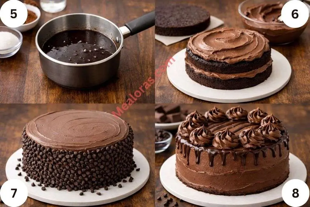Spreading chocolate buttercream frosting on a cake layer and brushing with chocolate simple syrup