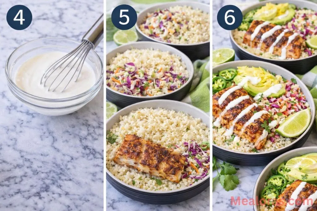 Whisking white lime crema in a small bowl and assembling a bowl with cauliflower rice and slaw