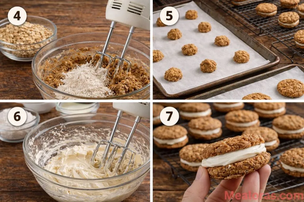 hand spreading white cream cheese frosting onto the bottom of a gingerbread oatmeal cookie