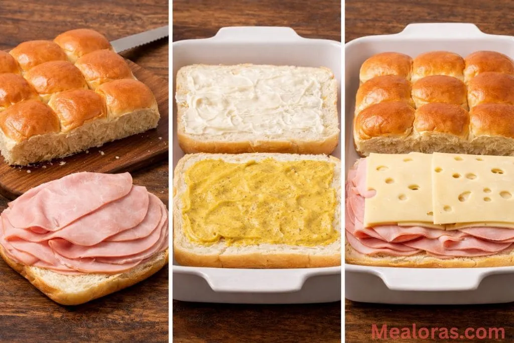 Slicing brioche rolls horizontally and layering them with mayonnaise, mustard, and deli ham