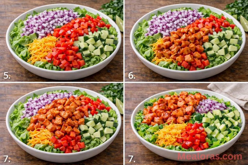 Adding diced peppers, cucumbers, and spicy glazed chicken on top of a bed of dressed romaine lettuce