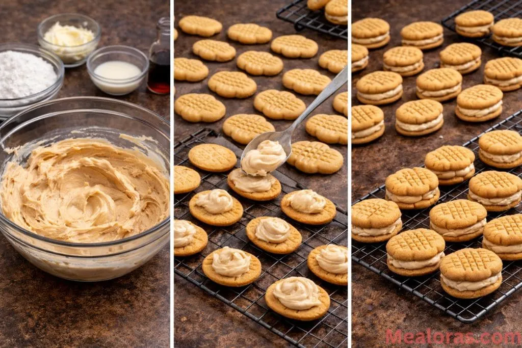 Whisking creamy peanut butter filling in a bowl and spreading it between two peanut-shaped cookies to create a sandwich