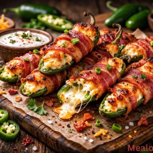 platter of golden-brown bacon wrapped jalapeno poppers with melted cheese bubbling out