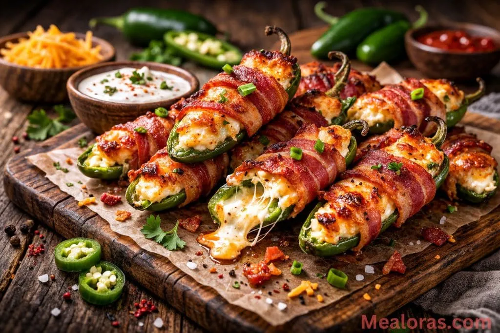 platter of golden-brown bacon wrapped jalapeno poppers with melted cheese bubbling out