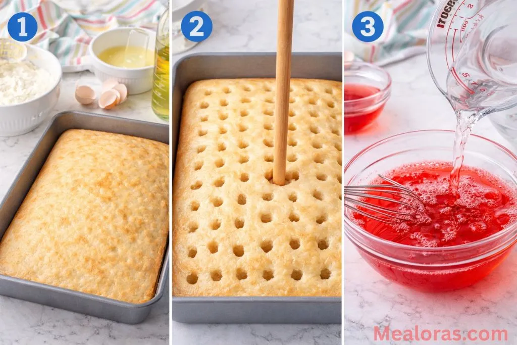 Collage showing cake batter in a pan, baked cake, and poking holes with a fork
