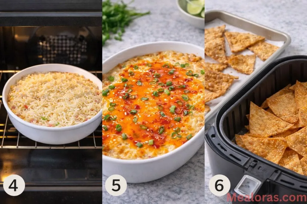 warm crab rangoon dip topped with melted mozzarella and sweet chili sauce, served in a white baking dish with a side of crispy golden wonton chips