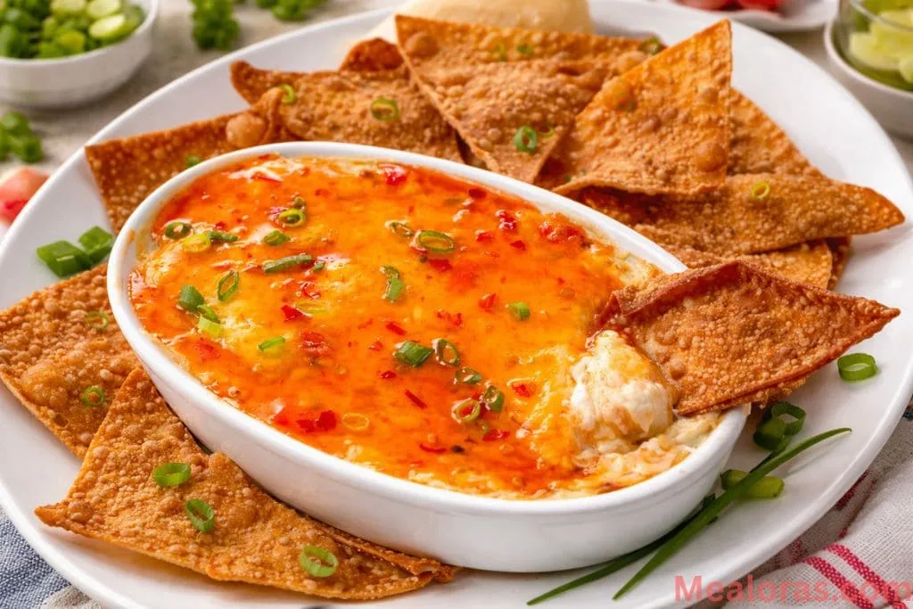 golden-brown baked crab rangoon dip in a white ceramic dish topped with sweet chili sauce and sliced green onions, served with crispy wonton chips