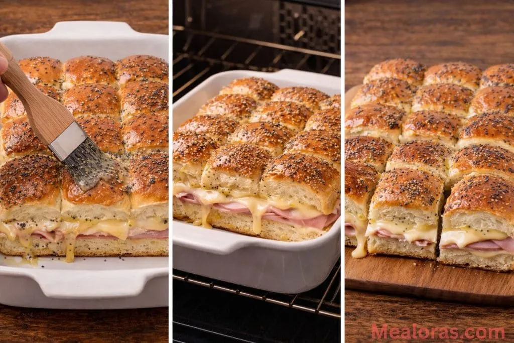 Brushing melted butter and poppy seed glaze over ham and cheese sandwiches before baking