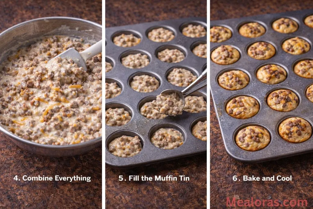 : A mini muffin tin filled with pancake and sausage batter being placed into a preheated oven