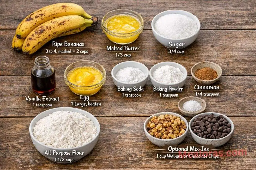 Ripe bananas, flour, sugar, melted butter, and eggs arranged on a kitchen counter for baking