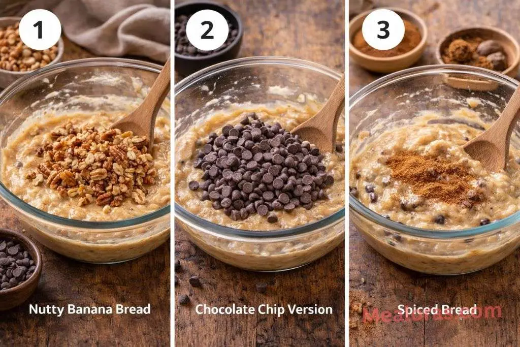 Slices of banana bread variations featuring crunchy walnuts and melted chocolate chips