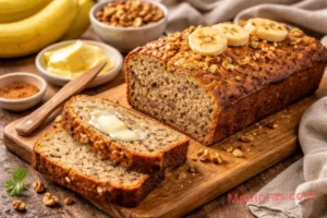 A golden-brown loaf of best easy banana bread sitting on a wooden cutting board with a wire rack