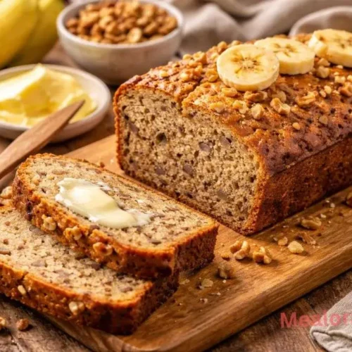 A golden-brown loaf of best easy banana bread sitting on a wooden cutting board with a wire rack
