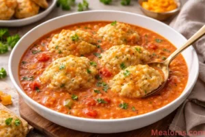 A steaming bowl of creamy tomato soup topped with golden-brown cheddar bay dumplings and melted butter