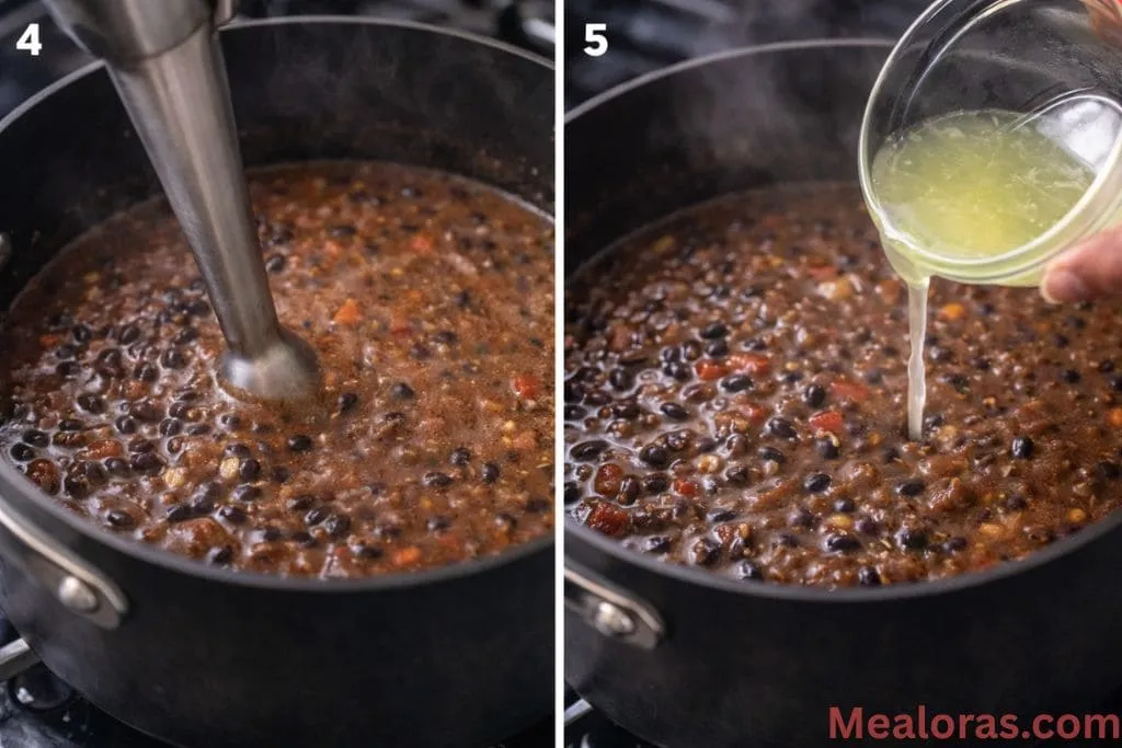 Using an immersion blender to purée half of the black bean soup before stirring in fresh lime juice and seasonings