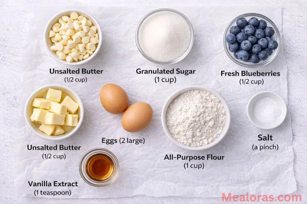 ingredients for blueberry blondies including fresh berries, white chocolate, butter, sugar, and flour on a kitchen counter