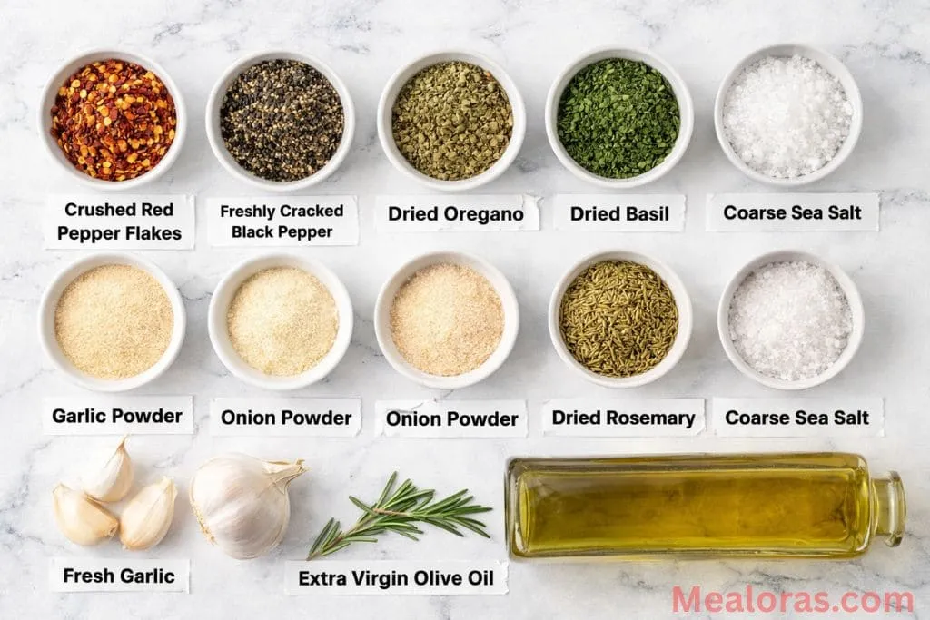 Small glass bowls containing dried oregano, basil, parsley, red pepper flakes, and fresh garlic cloves on a wooden surface