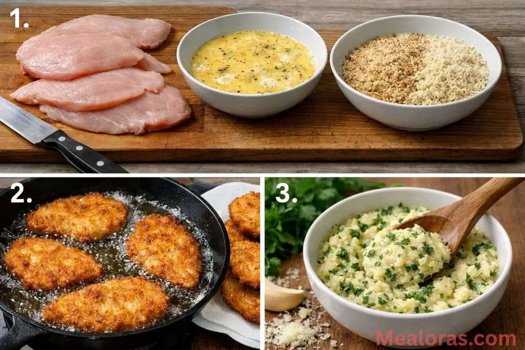 A step-by-step view of breading chicken cutlets in Panko and frying them in a pan until golden brown