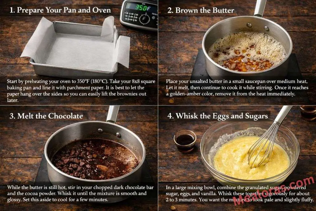 butter browning in a pan and eggs being whisked with sugar until pale and fluffy