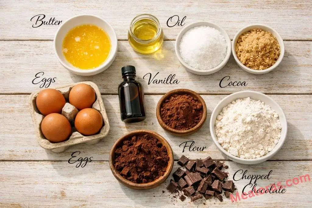 of brownie ingredients including cocoa powder, melted butter, flour, eggs, and chopped chocolate