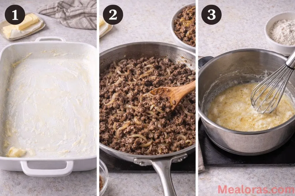 A skillet with browned ground beef and onions next to a saucepan with a smooth butter and flour roux