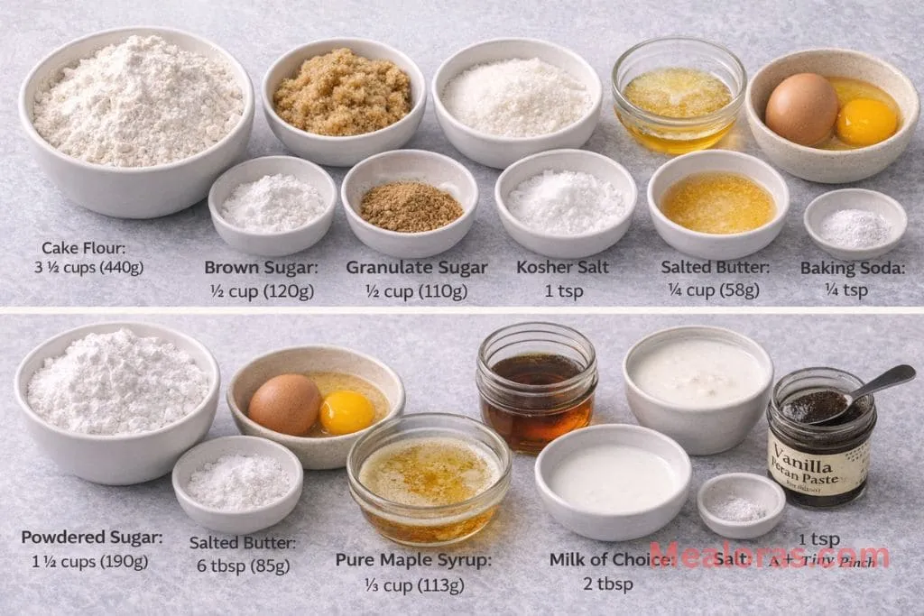Flat lay of donut ingredients including cake flour, buttermilk, nutmeg, maple syrup, and vanilla bean paste in glass bowls