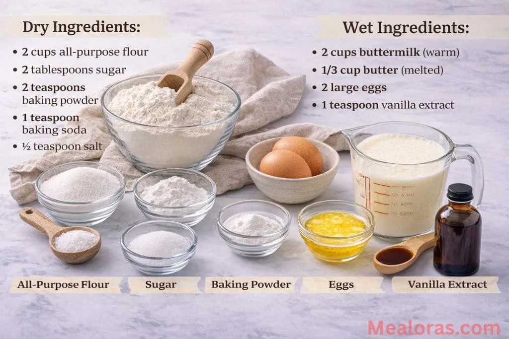 Flour, buttermilk, eggs, and melted butter on a counter