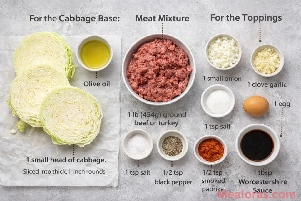 green cabbage slices, ground beef, garlic, onion, and spices arranged on a kitchen counter