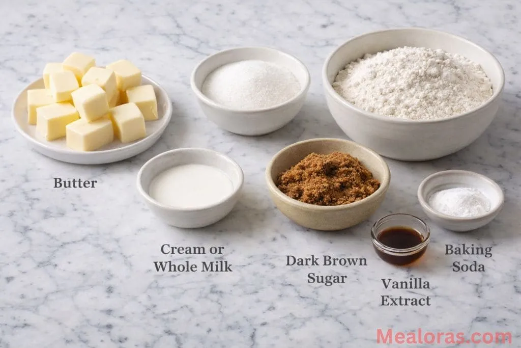 Measured ingredients for caramel cookies including butter, dark brown sugar, flour, and vanilla extract 