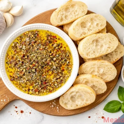 A shallow white plate filled with golden olive oil and a vibrant blend of Italian herbs and minced garlic