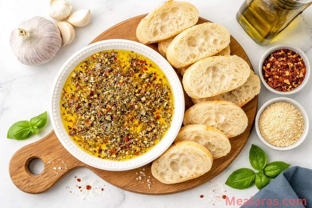 A shallow white plate filled with golden olive oil and a vibrant blend of Italian herbs and minced garlic