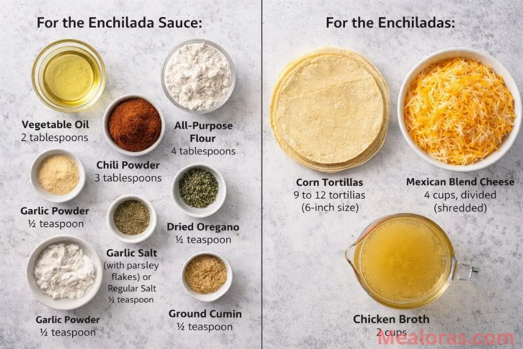 corn tortillas, shredded cheese, chicken broth, and a variety of spices like chili powder and cumin