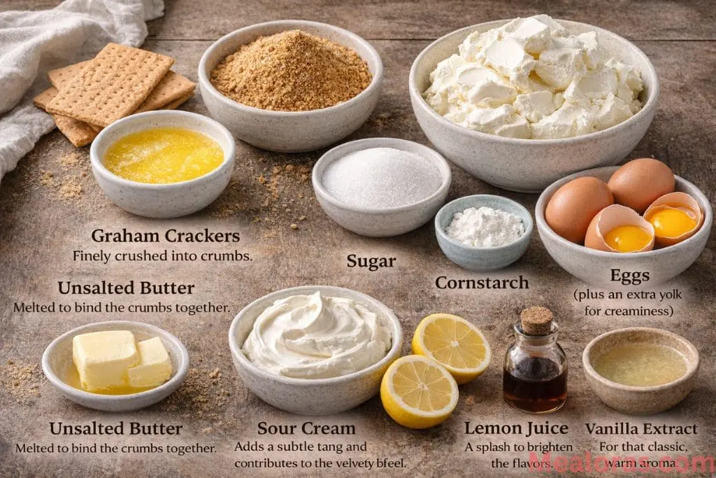 Flat lay of cream cheese, eggs, sugar, sour cream, and graham crackers on a kitchen counter